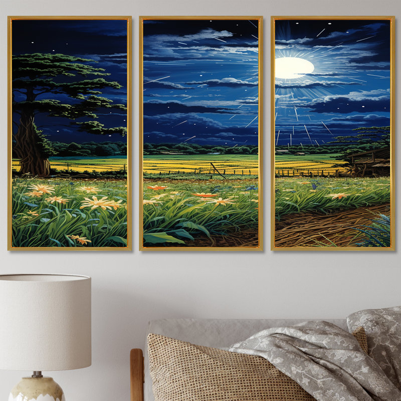 «Moonlight Magic Over Blossoming Green Fields», ensemble d'art mural de ferme, Cadre flottant doré