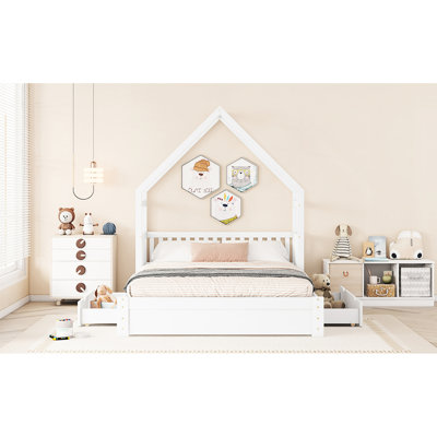 Lit plateforme en bois blanc avec garde-corps et 2 compartiments de rangement