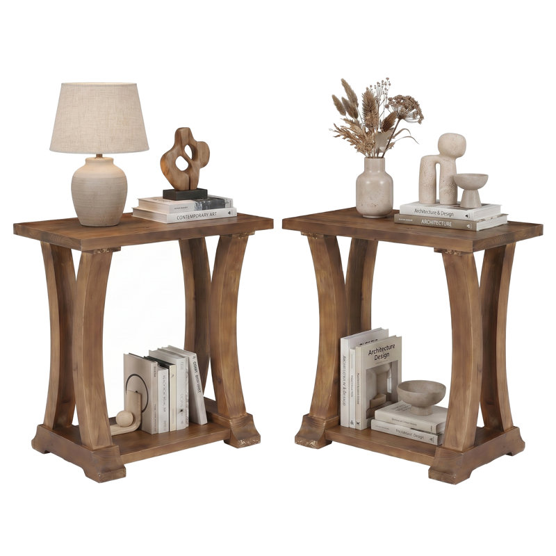 Table de bout en bois massif, table d'appoint à 2 niveaux, Set of 2