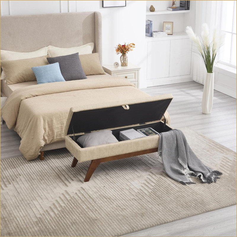 Repose-pieds avec rangement caché - Tissu en laine Teddy pour repose-pieds de chambre à coucher, sièges supplémentaires | Noyer brun | Bois massif