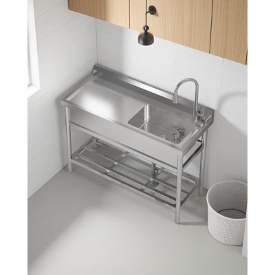 47 x 20 Inch Utility Sink, Freestanding Single Bowl w/Pull-Out Hot & Cold Faucet & Workbench