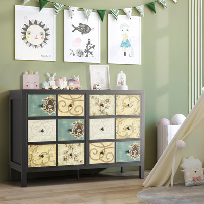 Commode rustique à 6 tiroirs avec motif floral rétro, coffre de ferme noir avec poignées en métal pour la chambre à coucher et le salon