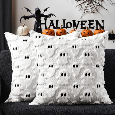 Halloween White Ghost Plush Pillow Covers Set | Faux Fur Spooky Cushion Cases for Fall Home Décor
