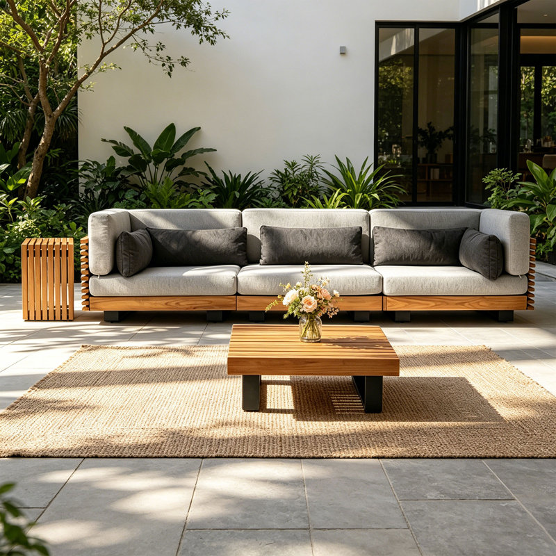 Ensemble de conversation modulaire d'extérieur pour 3 personnes avec canapé modulaire et coussins