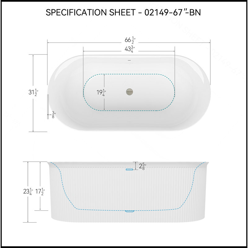 Baignoire autoportante en acrylique de 67 pouces avec conception cannelée, trop-plein intégré et drain en nickel brossé pour les salles de bain modernes