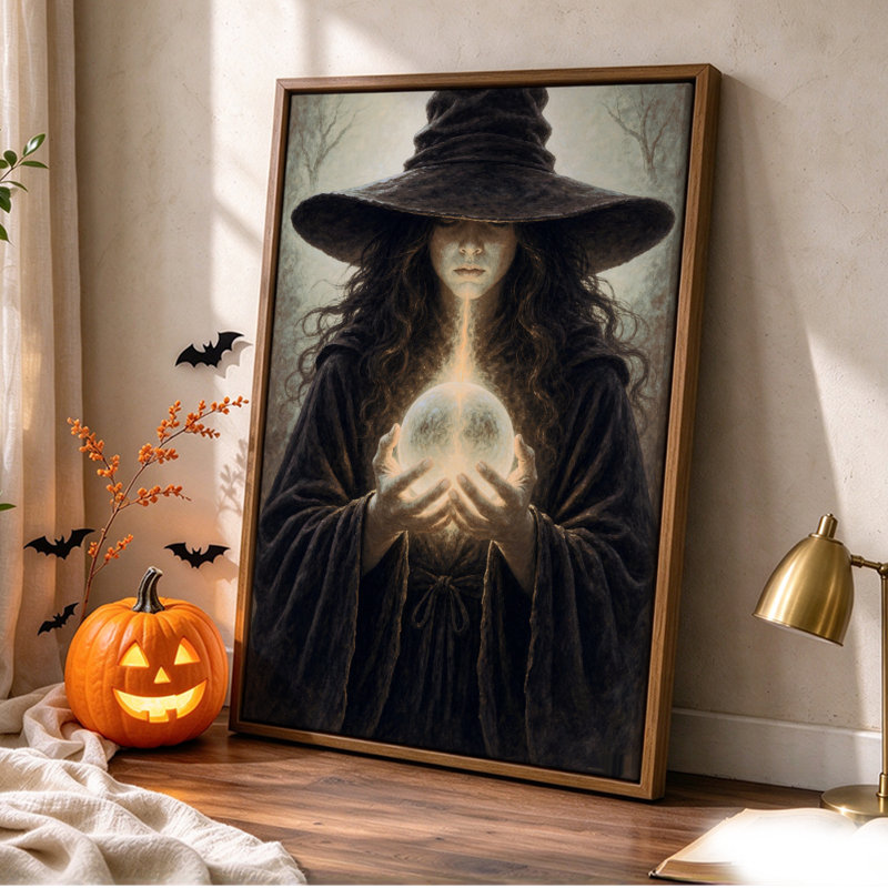 Sorcière d'Halloween lançant un sort lumineux, tableau sur toile encadré, cadre brun, 50 x 75 cm, H 30 po x l 20 po, Brun