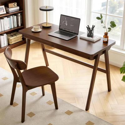Bureau d'ordinateur 100% bois d'hévéa massif, bureau d'écriture rétro avec tiroir, structure robuste en A, 47,24 po x 21,65 po, table d'étude de bureau à domicile très épaisse de 1,38 po