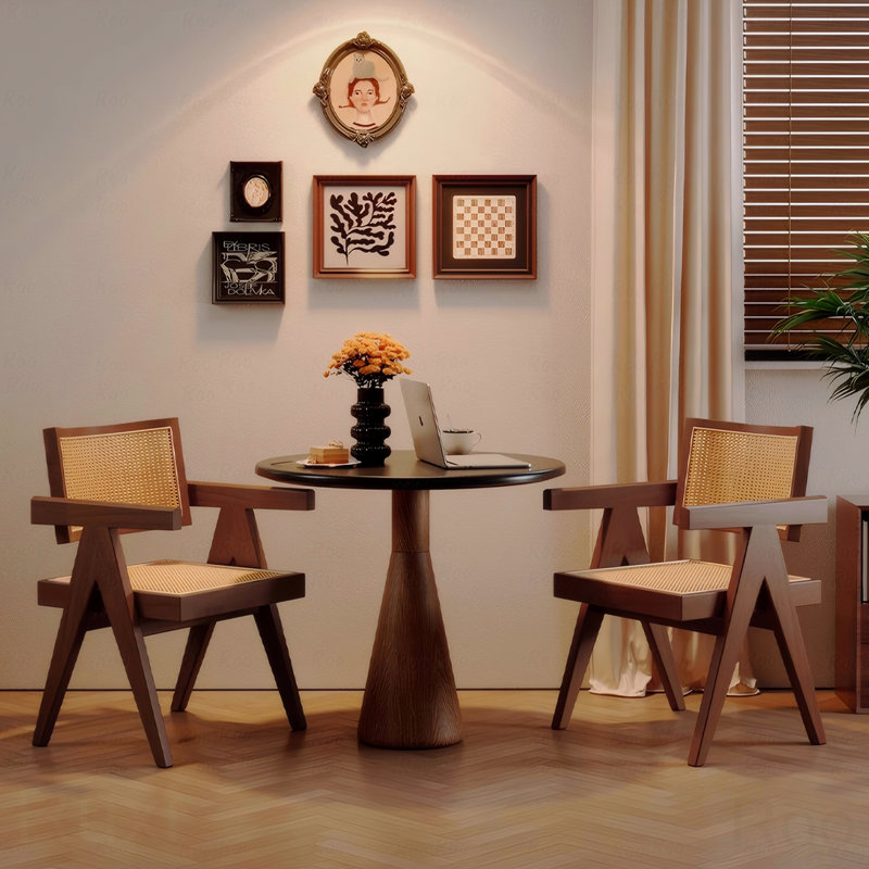 Set of 2 Mid-Century Rattan Accent Dining Chairs with Armrests (Brown)