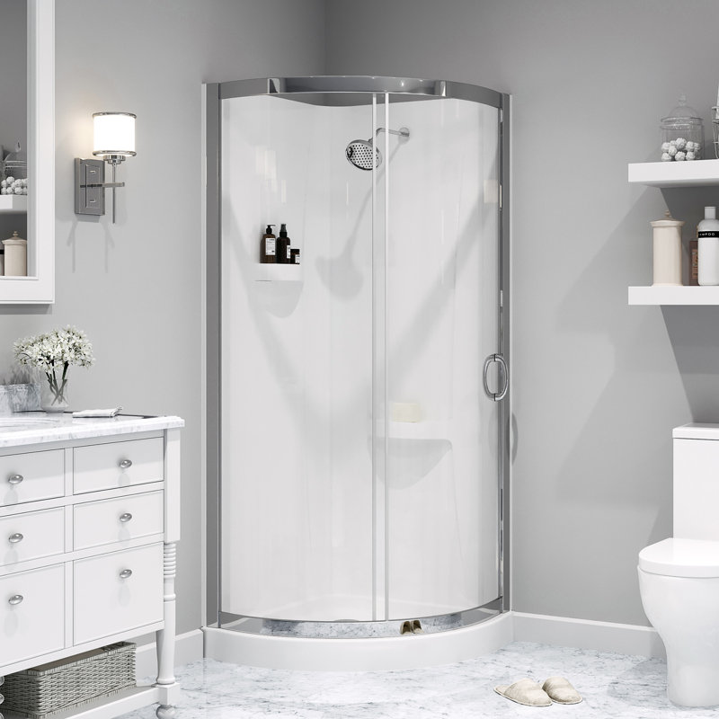 Breeze 33 in. L x 33 in. W x 76.18 in. H Round Corner Shower Kit in Chrome, Clear Sliding Door, Walls and Pan