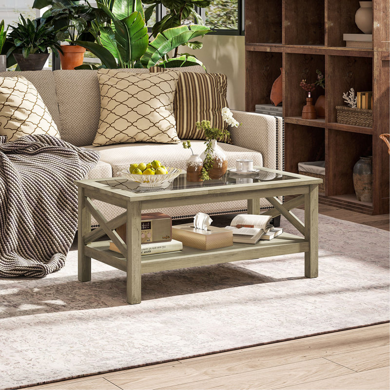Table basse en verre, table de centre de ferme moderne avec rangement, table d'appoint pour le salon avec côtés de style X-Bar classique