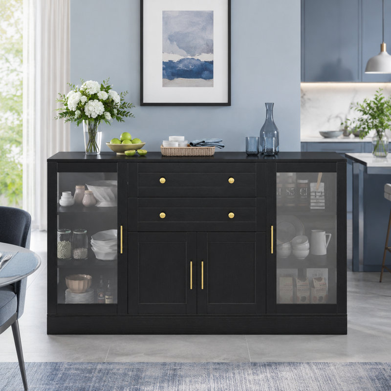 Buffet noir moderne à 4 portes et 2 tiroirs avec prise de courant, tablettes réglables, Black