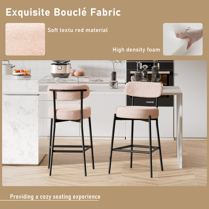Sherpa Counter Height Bar Stools Set of 2 Modern Upholstered Barstools with Curved Open Back/Round Seat Boucle Comfortable Bar Chairs for Kitchen Island, 24.6 Inch