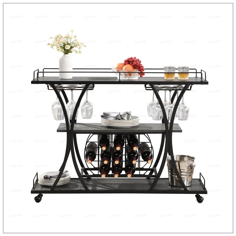 Chariot-bar industriel avec rangement à 3 niveaux, roulettes et porte-verres à vin pour la maison et la cuisine