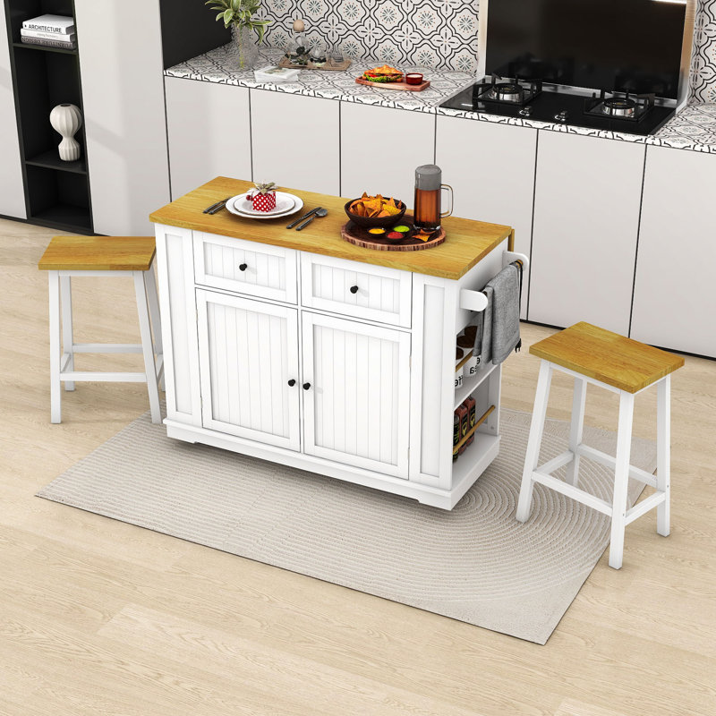 Rolling Kitchen Island Set with Drop Leaf, 2 Bar Stools, Power Outlet, 2 Drawers and Door Racks, White