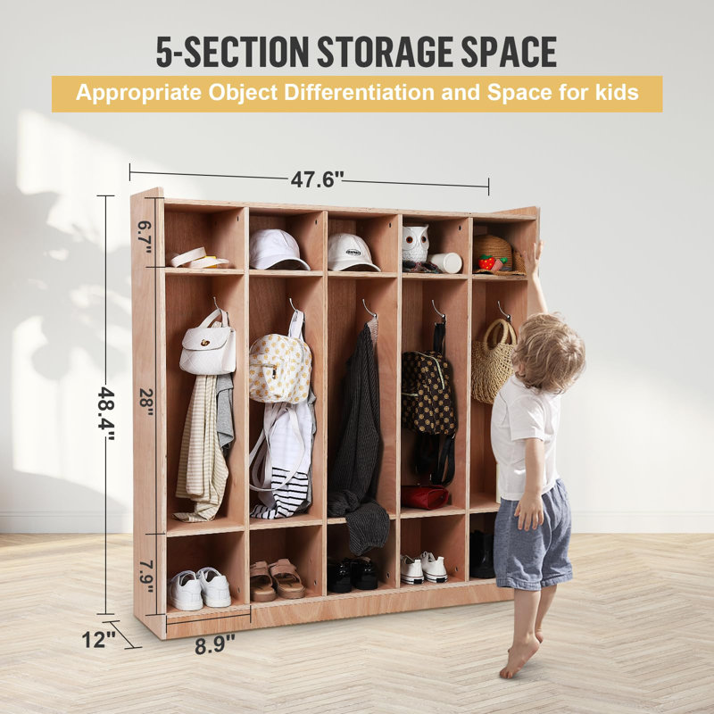 5-Section Classroom Coat Locker, 10 Cubbies, Daycare Cubby With 4 Casters