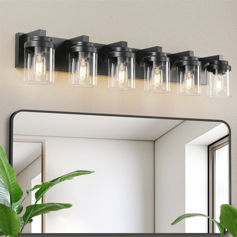 37.5 In. 6-Light Matte Black Wall Sconce With Clear Glass Shade, 6, 6.90" H x 37.50" W x 6.7" D