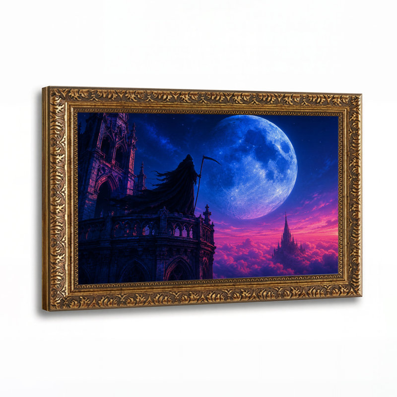 La Faucheuse sur une tour gothique sous une lune bleue géante - Toile murale d'Halloween, 20"H x 30"W