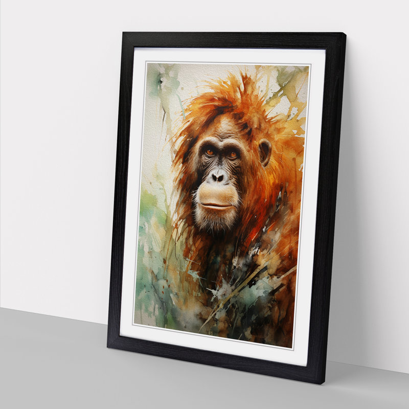 Orangutan Expressionism - Single Picture Frame Print on Wood, 64cm H x 46cm W x 2cm D, Black Framed