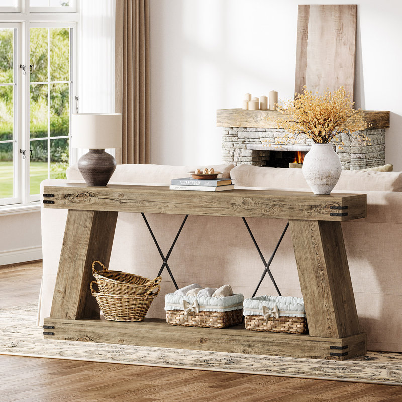 70.9" Farmhouse Console Table, Light Brown Oak