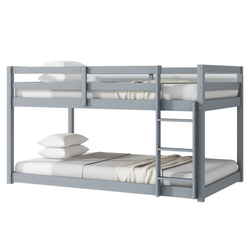 Lit superposé bas simple au-dessus de simple de 77 po de largeur - Base de lit en bois d'hévéa massif pour enfants - Barrières de sécurité et échelle intégrée - Aucun sommier requis