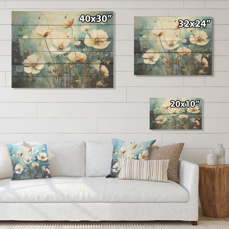 Misty Flower Meadows I - Art mural en bois sur bois de pin naturel, H 24 po x l 32 po