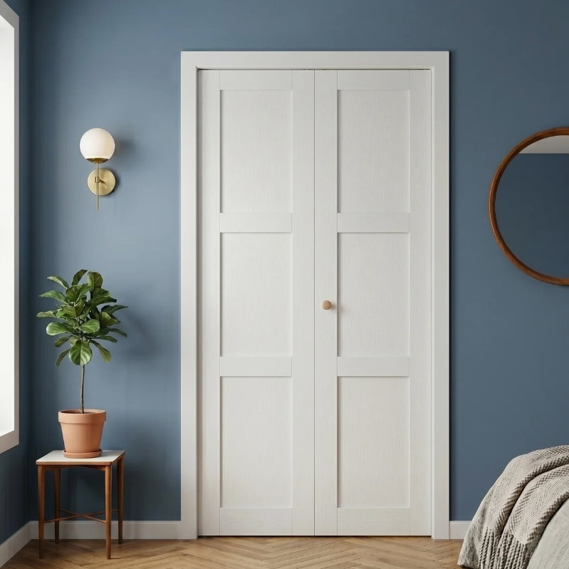 1 - Panel Design White Primed Manufactured Wood Bi-Fold Doors With Hardware Kit, 72"x 80"