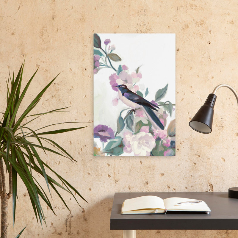 Petite rose et oiseau - grange contemporaine dans l'herbe, champ maussade, H 24 po x l 16 po