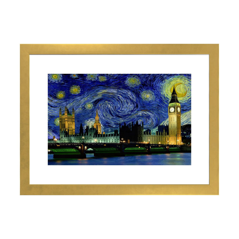 London, England Starry Night Skyline - impression d'art graphique, H 24 po x l 32 po x P 1 po, Papier encadré doré