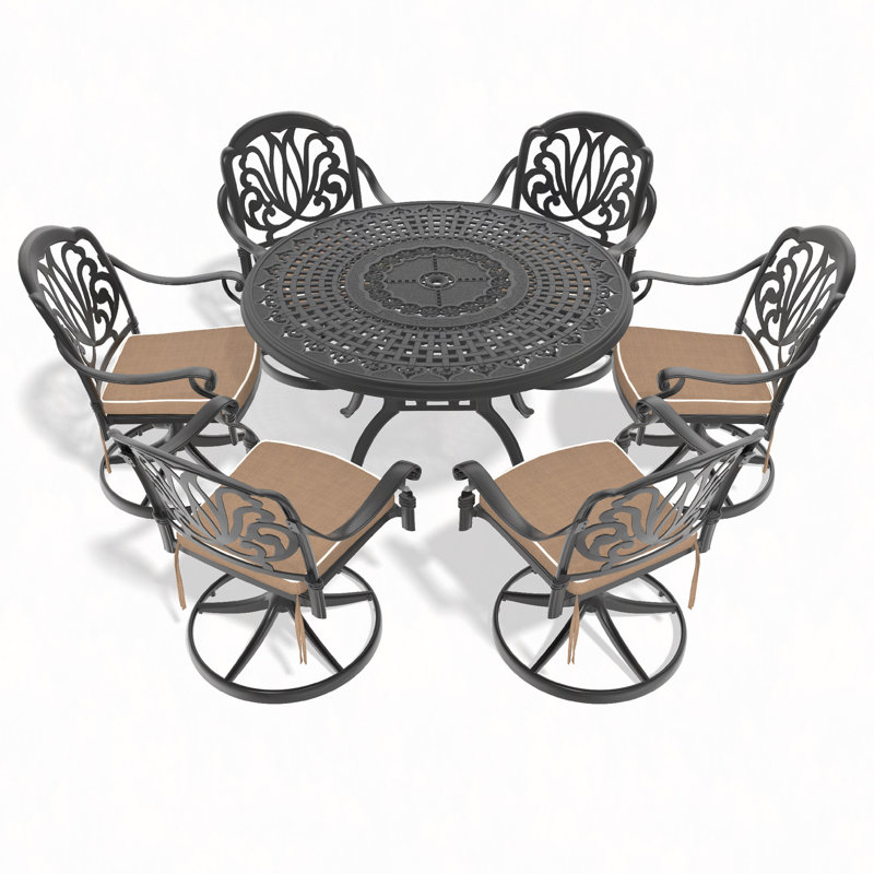 7-Piece All-Weather Cast Aluminum Dining Set, Include 6 Swivel Chairs And 47.24" Round Table With Frame, 6