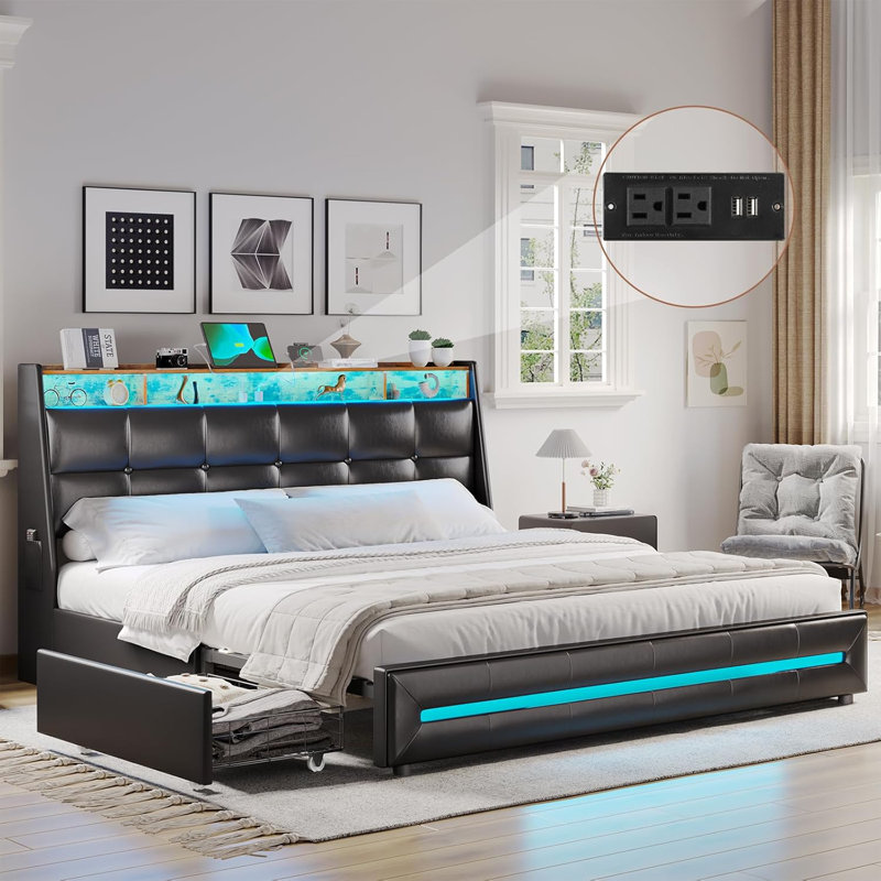 LED Upholstered Platform Bed Frame with 4 Storage Drawers and Storage Headboard, King, Black 