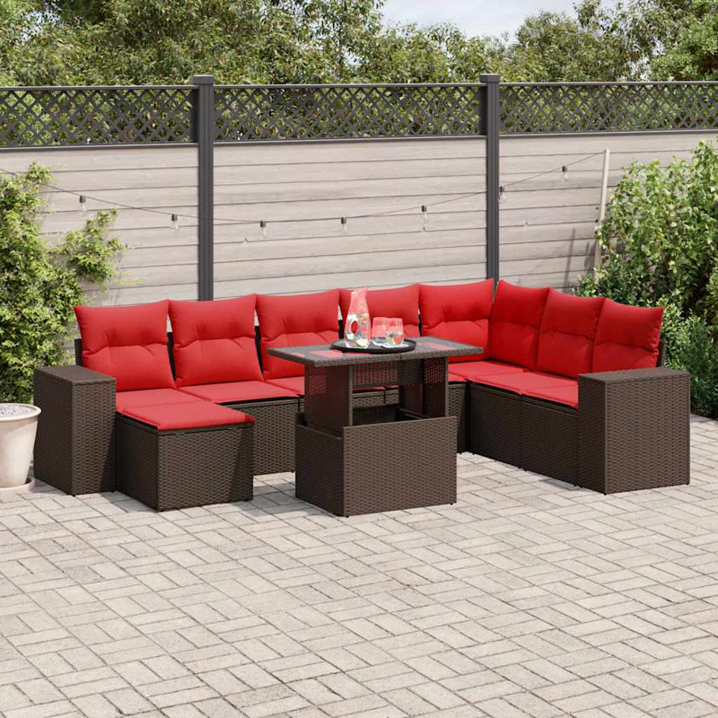 Ensemble de canapé de patio 9 pièces avec coussins en rotin de polyester, Rouge, Brun