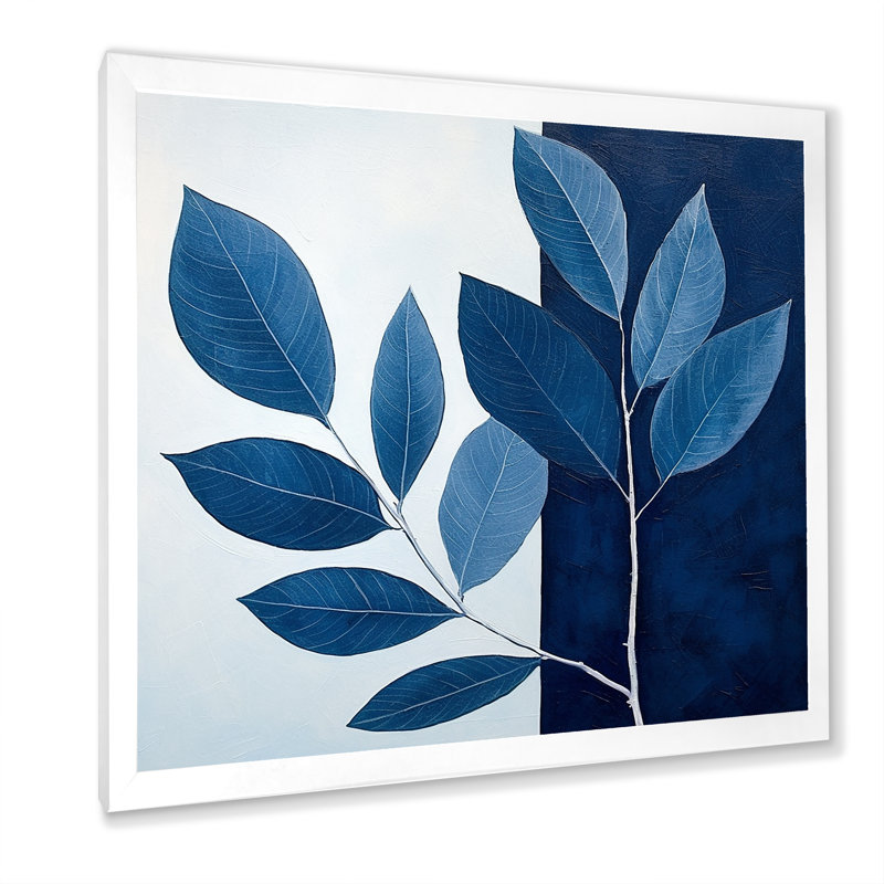 Blue Indigo Leaves Harmony I, H 36 po x l 36 po x P 1,5 po, Cadre simple blanc