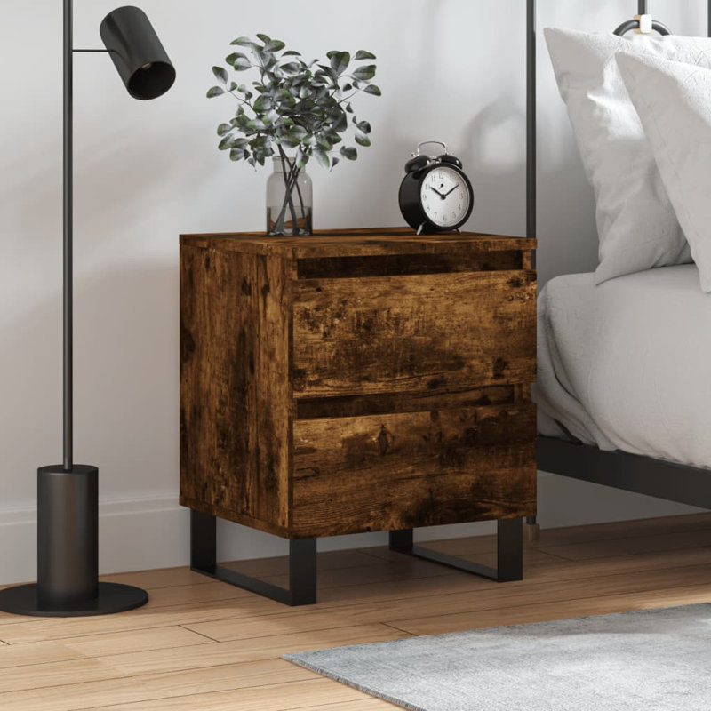 Makram 40cm W Iron Bedside Table, Smoked Oak