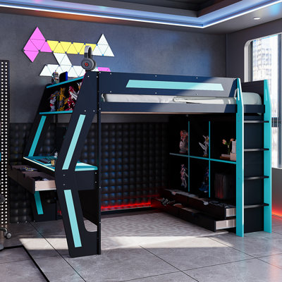 Lit mezzanine double avec bureau intégré, lumières DEL RVB intelligentes et ports USB, lit haut en bois avec 6 casiers de rangement, 6 tiroirs et escalier sécuritaire, lit de jeu pour adolescents et adultes