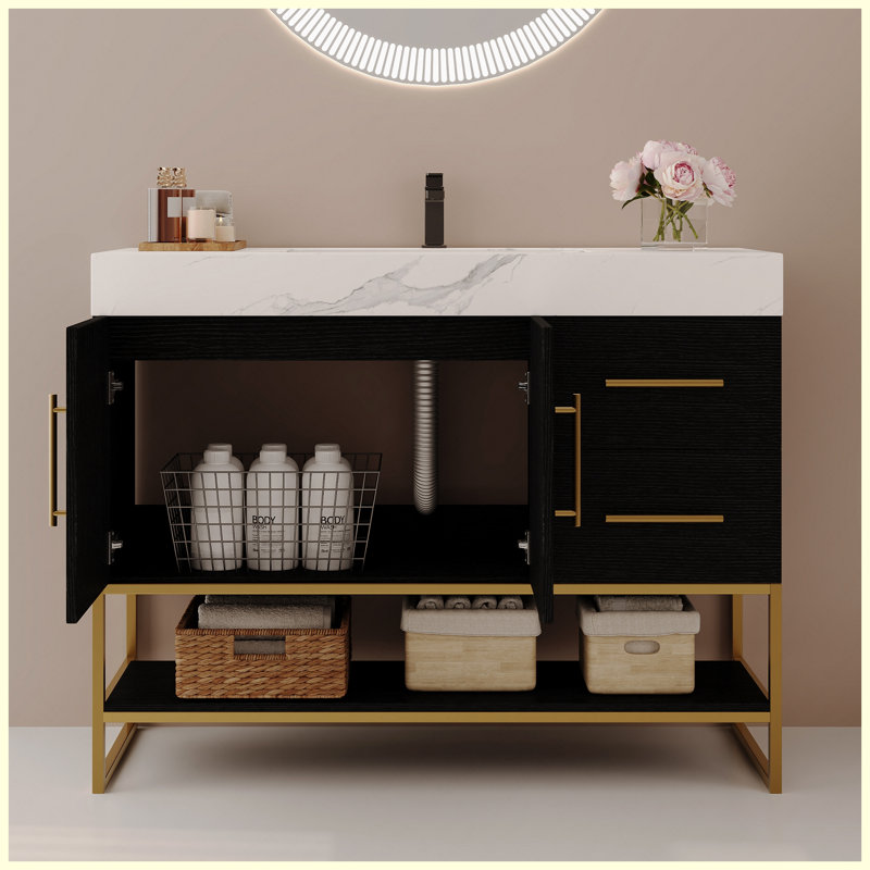 Meuble-lavabo autoportant moderne 36 po avec lavabo en céramique sans couture et plateau en pierre frittée, White
