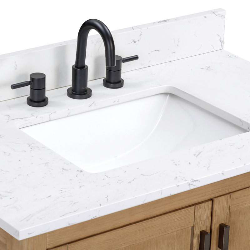 Modero 36" Single Bathroom Vanity with Top, Cala White Marble, Brushed Oak, Black