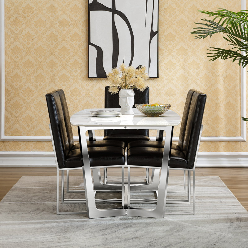 Luxury 70 Inch White Sintered Stone Dining Table With Brushed Bronze Base, Silver
