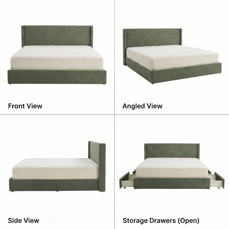 Modern Wingback Upholstered Platform Bed, Turtle, King