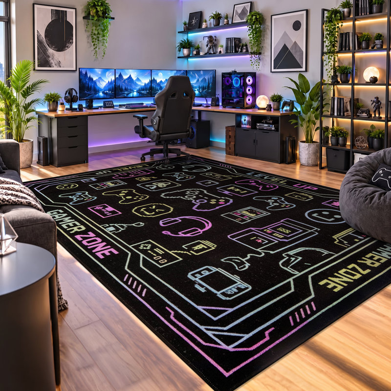 Tapis Gamer Zone Icon, tapis de jeu, noir, envers antidérapant, 6 pi 6 po x 9 pi