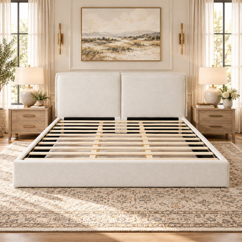 Lit plateforme tapissier avec tête de lit double, Très grand lit