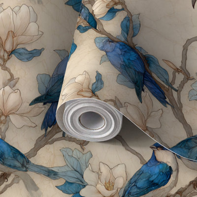 Papier de contact à peler et coller Papier de jardin botanique rétro avec oiseaux en fleurs et branches auto-adhésives et amovibles 17,7 po x 118 po (45 x 300 cm)