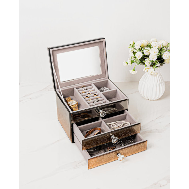Boîte de rangement de bijoux à 3 couches avec intérieur en velours et miroir intégré, rangement en verre pour bijoux, boucles d'oreilles