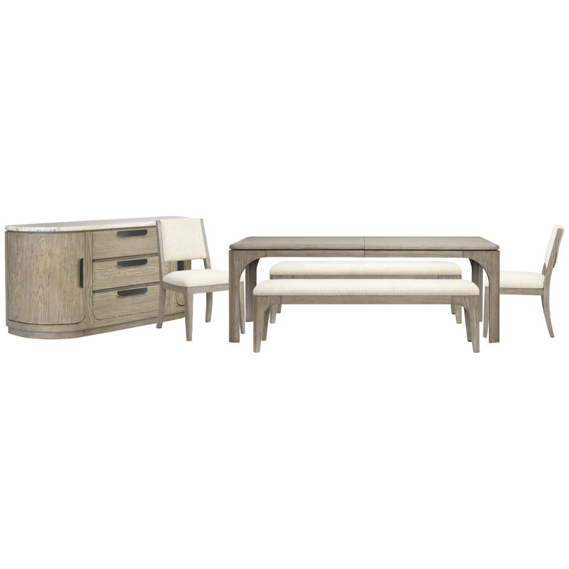 Table de salle à manger extensible rectangulaire avec 2 bancs, 2 chaises d'appoint et un buffet