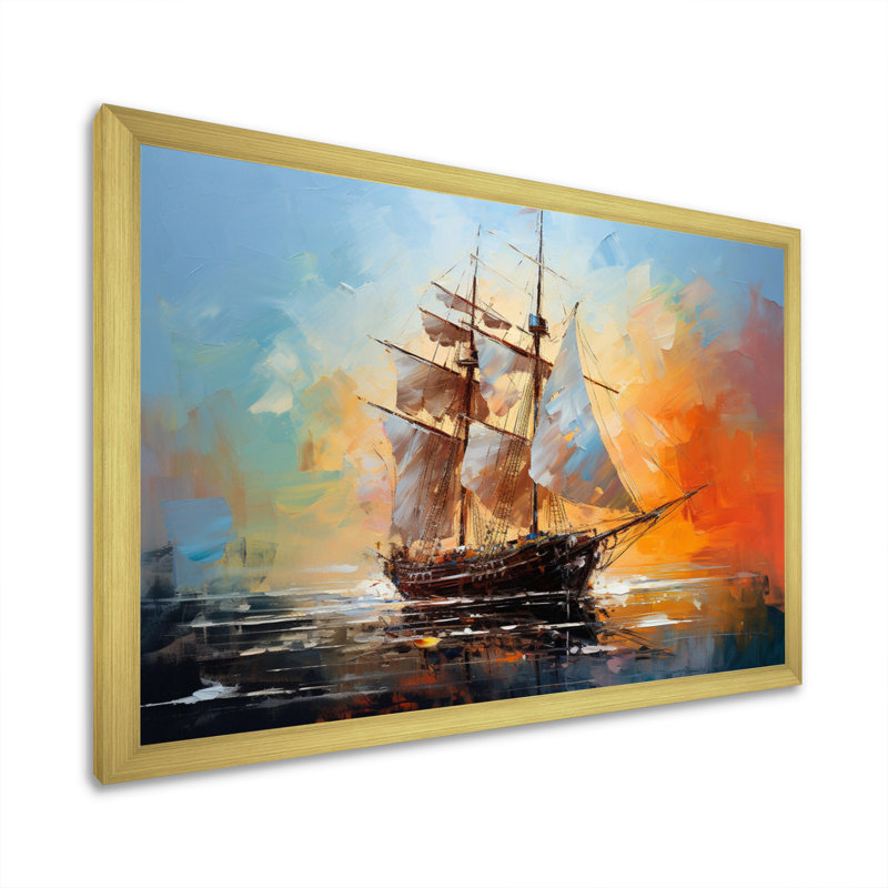 Voilier et mélodie IV sur toile, Cadre doré simple, H 12 po x l 20 po x P 1 po