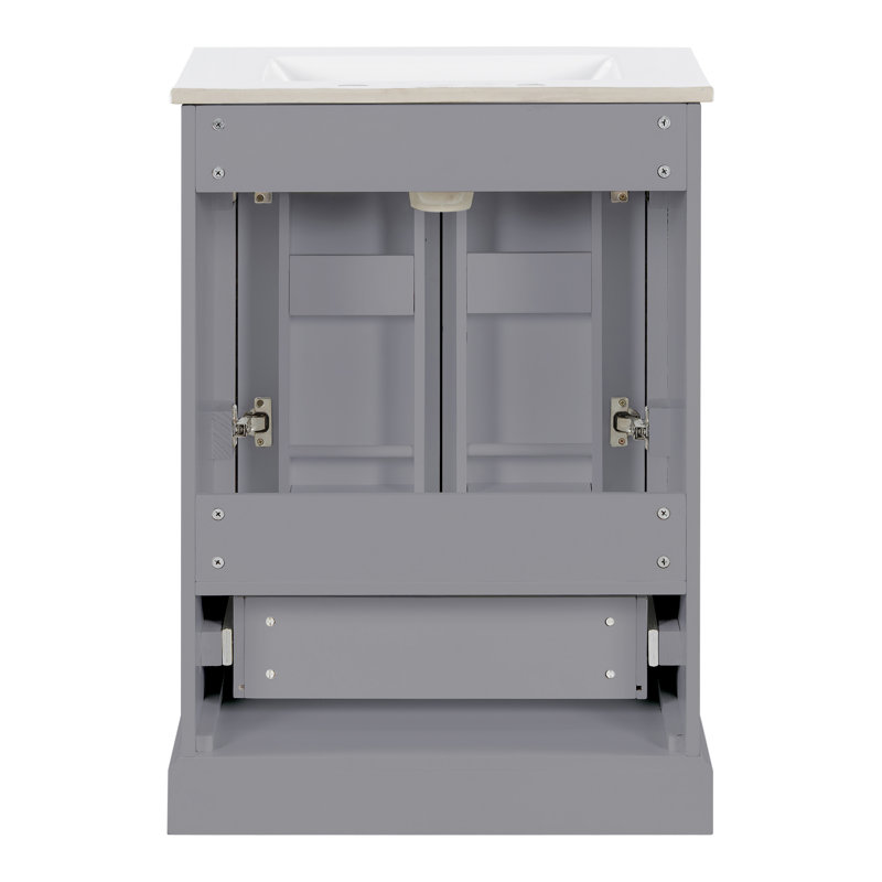 Meuble-lavabo autoportant 24 po avec lavabo en céramique, armoire moderne avec tiroir divisé et porte de rangement double couche