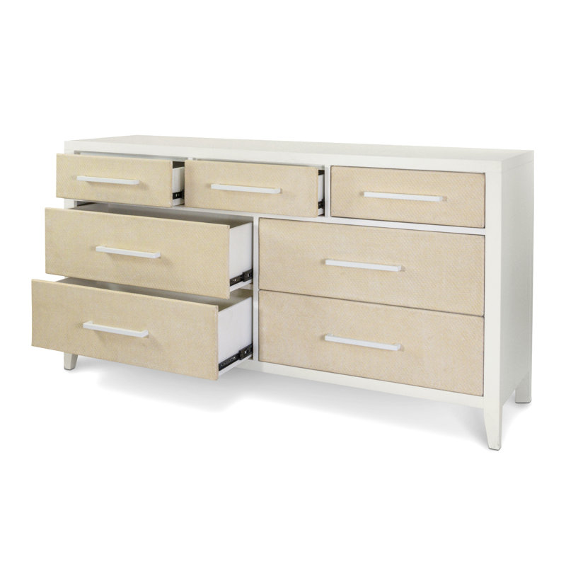 Miramar - Commode tissée 7 tiroirs - Finition sable et blanc éclatant