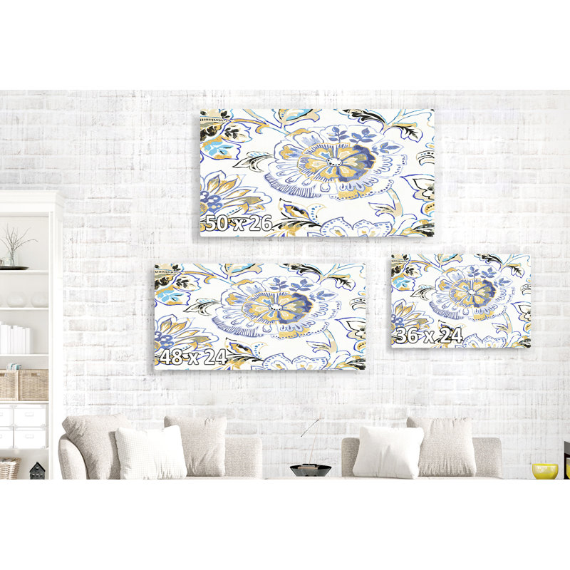 Boho, Ceyton Garden IV, noir, or, bleu, sur blanc, motifs, motifs, bohémien, dessin au trait, H 24 po x l 48 po x P 1,5 po