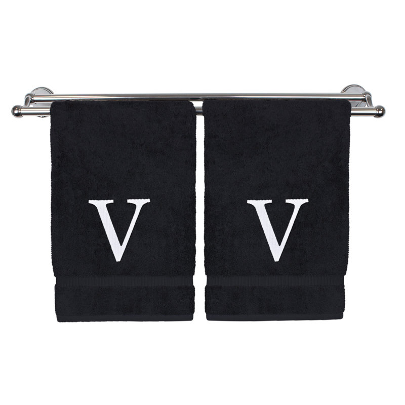 Essuie-mains monogrammés - ensemble de 2 - lettre bloc, Noir / blanc, V