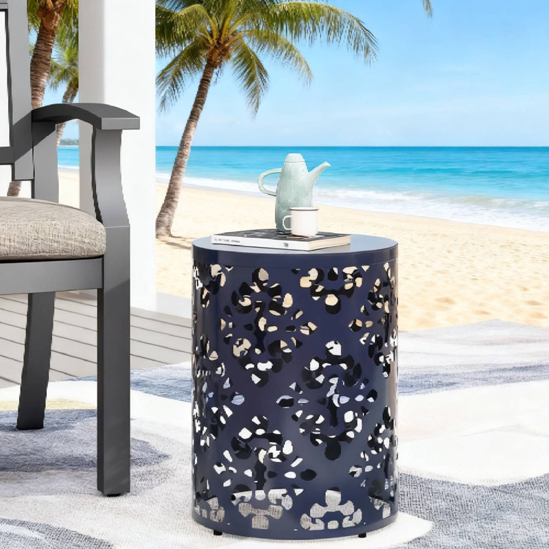 Large Outdoor Metal End Table, Sturdy For Patio & Garden Use, Navy