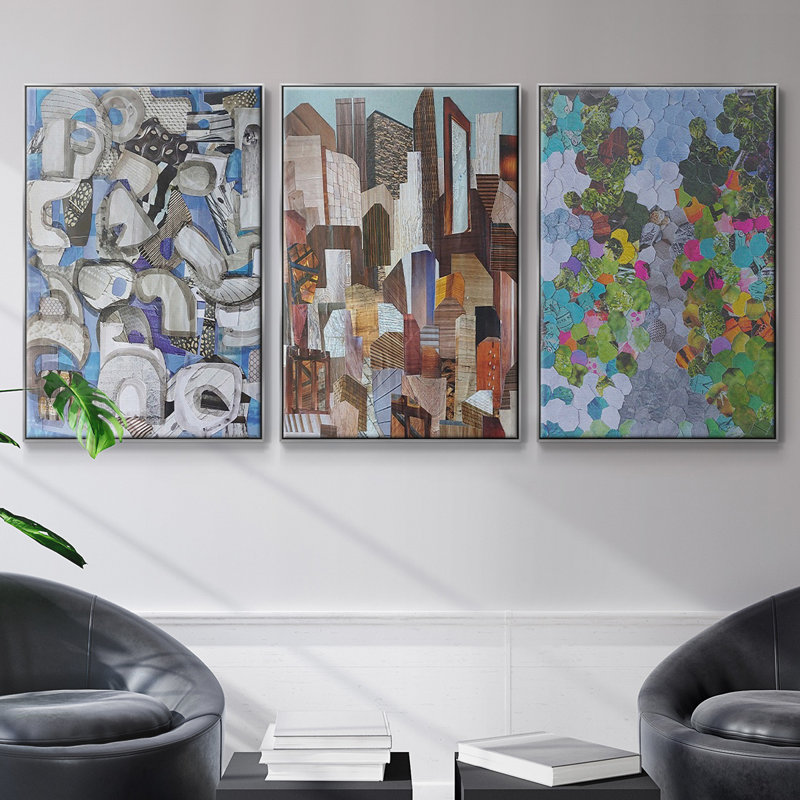 Magenta Garden - Ensemble de 3 reproductions encadrées sur toile, H 24 po x l 48 po x P 2 po, Argent